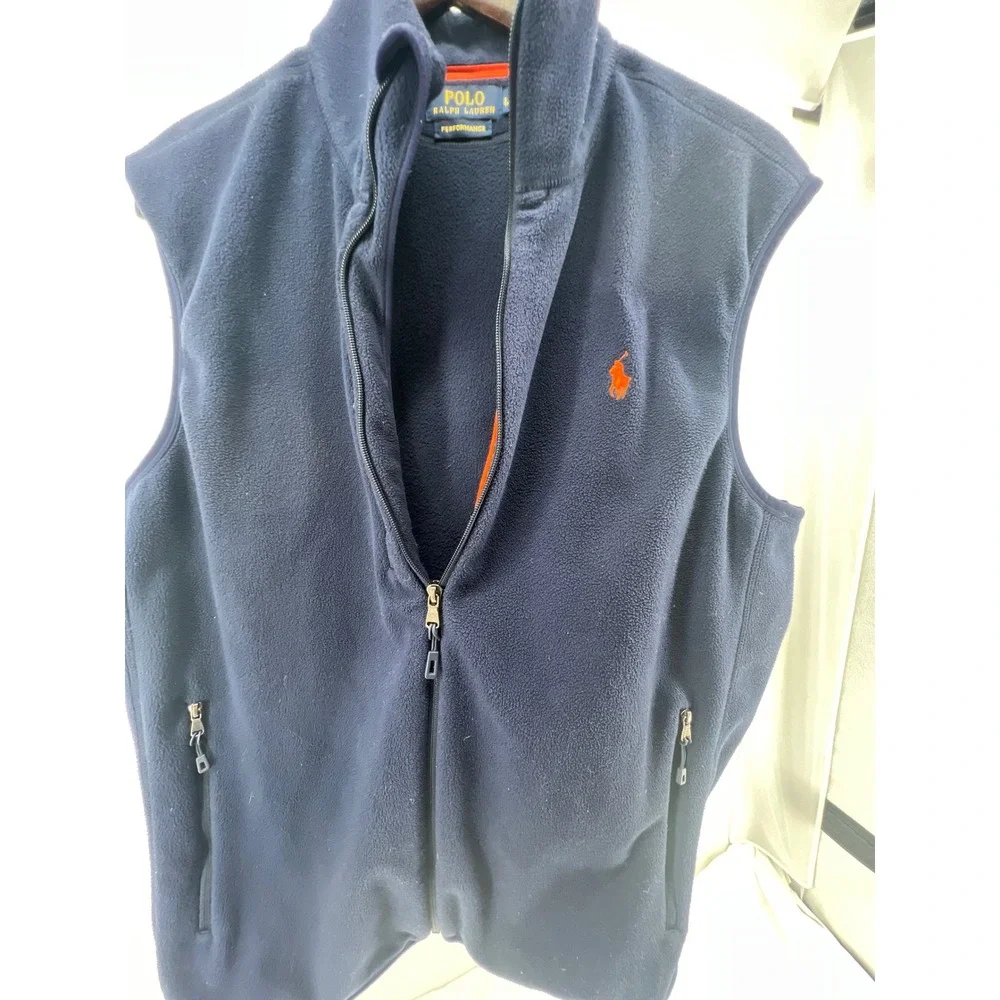 Polo Ralph Lauren‎ Navy Blue Fleece Vest Performance Orange Logo Size L